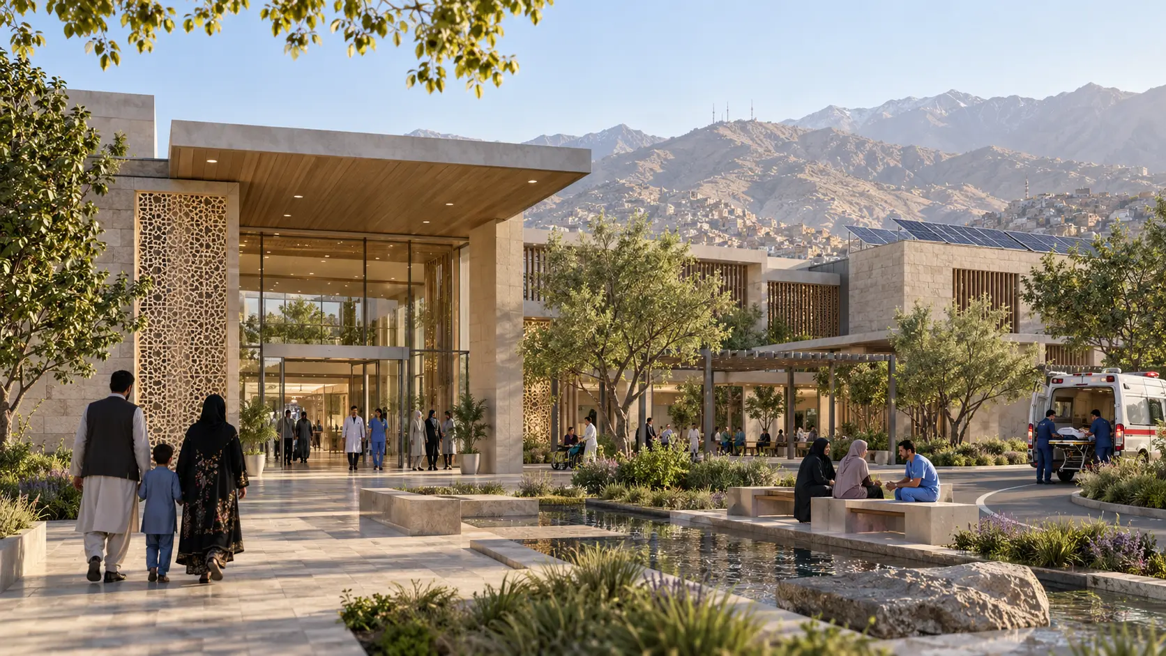 Conceptvisualisatie van het toekomstige Dunya Healthcare Centre in Kabul