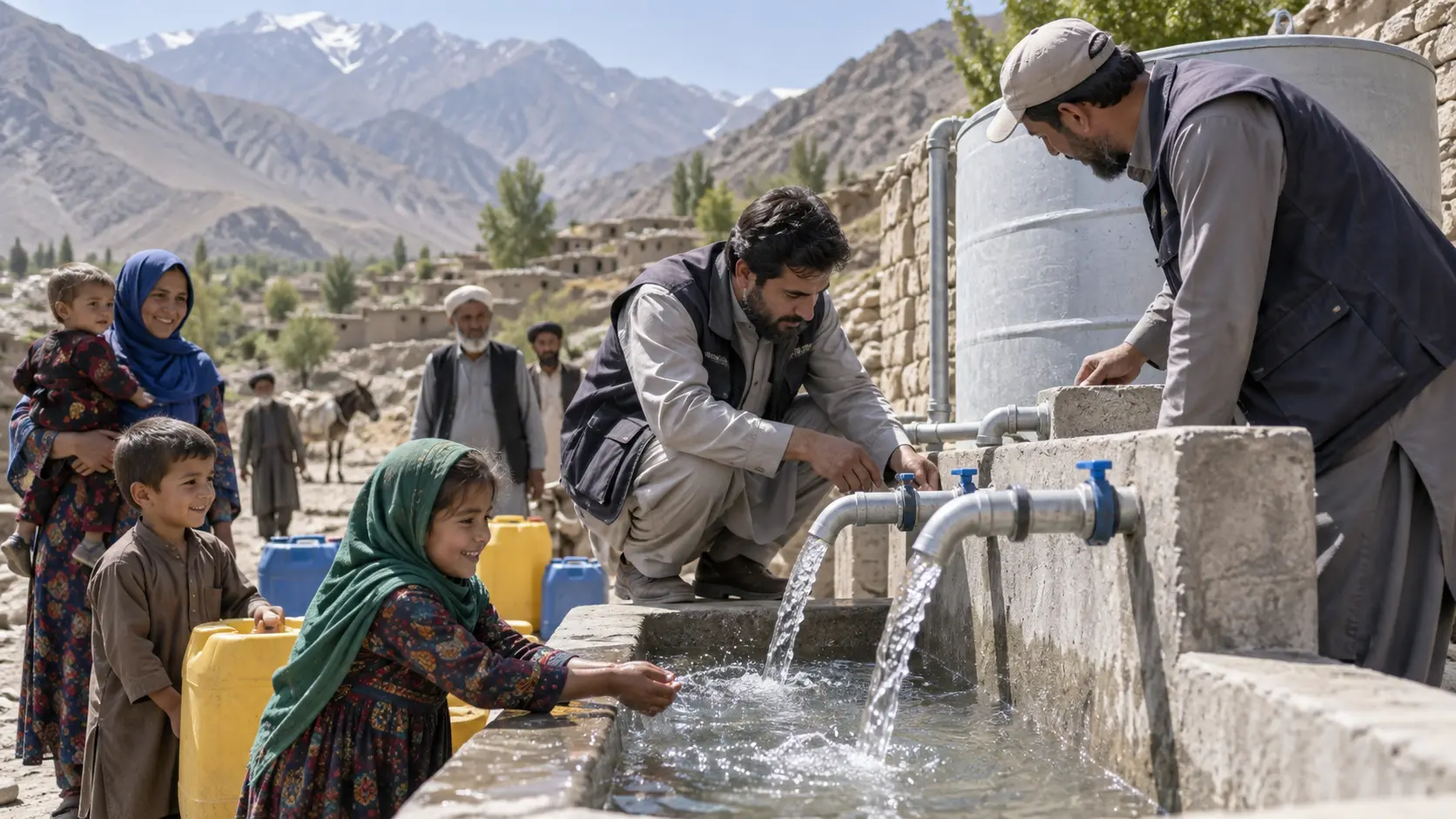 Conceptbeeld van een schoonwaterproject in een Afghaanse berggemeenschap