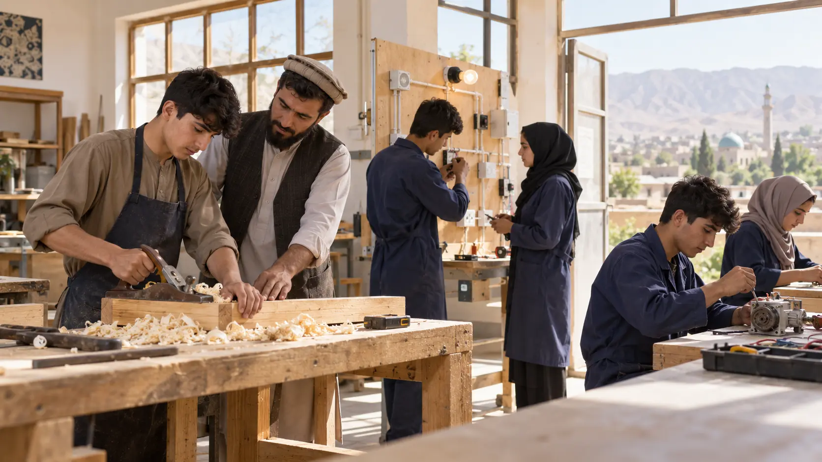Conceptbeeld van praktijkonderwijs in een technische werkplaats in Afghanistan